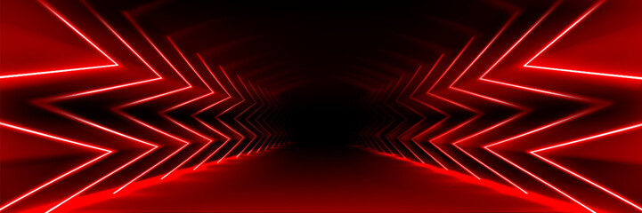 Poster - Futuristic red neon tunnel with glowing geometric lines - abstract corridor perspective with bright laser arrows creating infinite depth for cyberpunk bg, gaming or electronic music designs.
