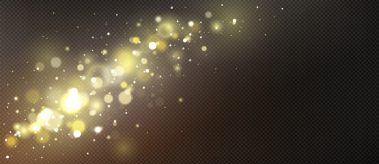 Poster - Dreamy gold transparent bokeh background with floating light particles - realistic magical sparkles and soft glowing orbs, festive overlays, celebration graphics or elegant photo filters.