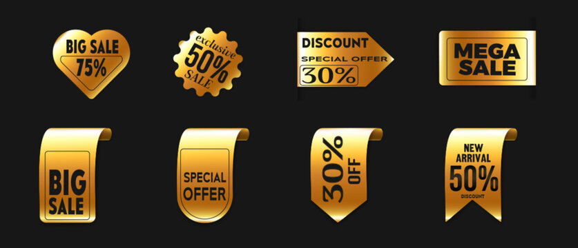 Gold discount badge collection with shiny metallic finish - heart shape big sale, star burst exclusive price off, special offer tag, mega sale rectangle, curved ribbon labels for retail promotions.