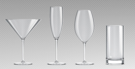 Poster - Empty glass collection with martini, wine goblet and tall tumblers on transparent background. Clear crystal drinkware set for cocktails, beverages or bar service. Realistic glassware shapes for cafe.