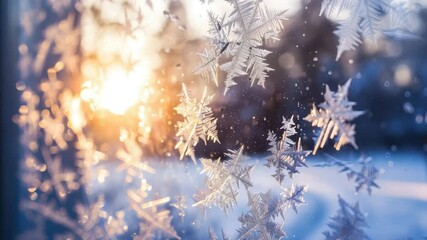 Poster - Beautiful winter sunlight through frosted window with intricate snowflakes at dawn in a serene outdoor setting