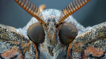 Poster - Close-up macro view of a vibrant moth focusing on intricate details of eyes and wings in a natural setting
