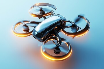 Poster - 3D icon of a drone robot hovering, sleek propellers and shining shell, light tech background 