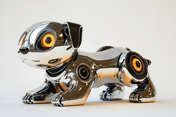 Poster - 3D icon of a futuristic robotic dog, shiny chrome body, glowing eye sensors, neutral backdrop 