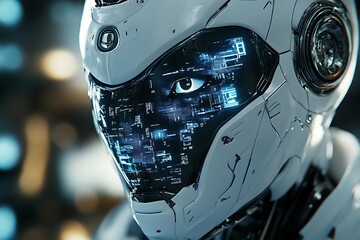 Poster - 3D icon of a humanoid robot face with digital interface projections, futuristic setting 