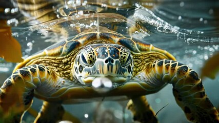 Aufkleber - Colorful sea turtle swimming gracefully in clear ocean water, showcasing vibrant underwater life and coral in stunning 4K quality