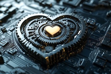 Aufkleber - 3D icon of a mechanical gear heart, representing robotic emotions, polished surfaces, tech-themed background 