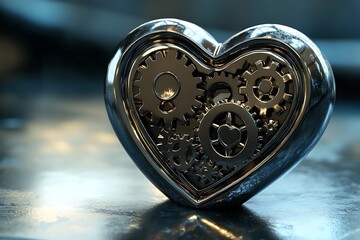 Poster - 3D icon of a mechanical gear heart, representing robotic emotions, polished surfaces, tech-themed background 