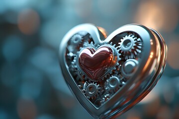 Poster - 3D icon of a mechanical gear heart, representing robotic emotions, polished surfaces, tech-themed background 