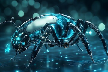Poster - 3D icon of a micro robot insect, delicate legs and shining nano-body, abstract tech background 