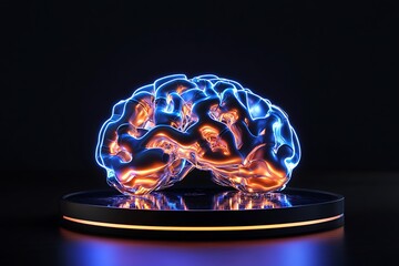 Poster - 3D icon of a neural network in the form of a robotic brain, light electric glow, dark base 