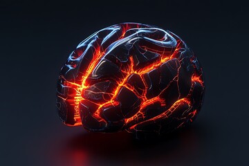 Poster - 3D icon of a neural network in the form of a robotic brain, light electric glow, dark base 