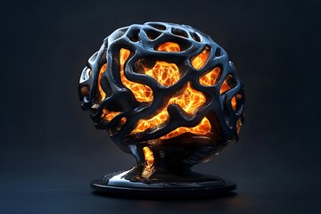 Poster - 3D icon of a neural network in the form of a robotic brain, light electric glow, dark base 