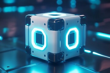 Poster - 3D icon of a programmable robotic cube with movable joints, futuristic lighting