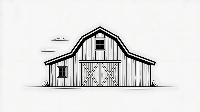 Minimalist Line Drawing of Rustic Barn with Pitched Roof and Arched Window – Black on White Illustration