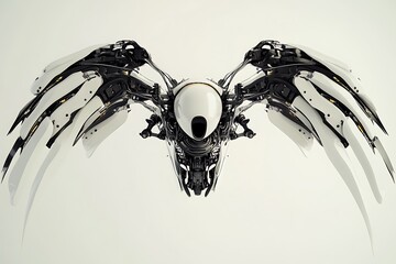 Poster - 3D icon of a robot drone with articulated mechanical wings, sleek metallic finish, clean neutral backdrop 