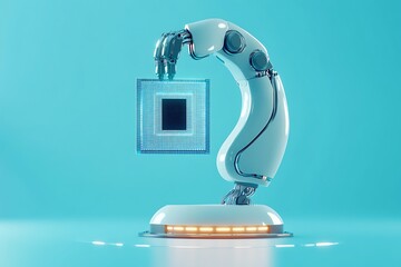 Poster - 3D icon of a robotic arm holding a microchip, glossy metallic textures, soft blue background 