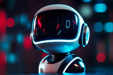 Poster - 3D icon of a robotic head wearing a VR visor, digital neon reflections, high-tech background 