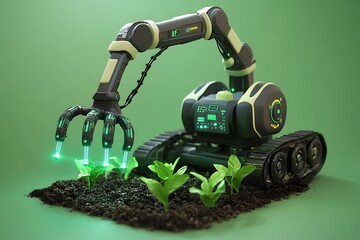 Poster - 3D icon of a smart robotic farming tool, with flexible arms and soil sensors, soft green tech theme 