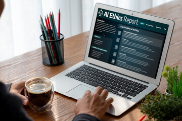 Poster - AI ethics responsibility standard law and rules on computer screen provide report of AI ethic transparency preventing technology crime. brisk