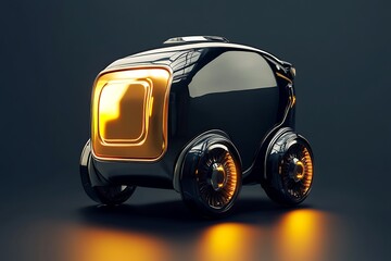 Poster - 3D icon of an autonomous delivery robot with wheels, polished metallic finish, clean environment 
