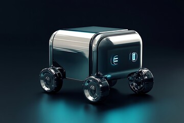 Poster - 3D icon of an autonomous delivery robot with wheels, polished metallic finish, clean environment 