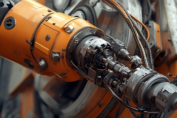 Poster - 3D icon of an industrial robot arm assembling parts, detailed hydraulic joints and cables 