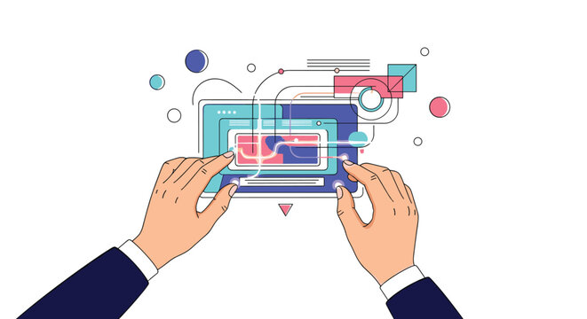 Hands holding the tablet with data and abstract shapes