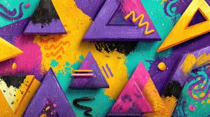 Poster - This artwork features a dynamic arrangement of colorful geometric shapes including triangles and circles, showcasing bold hues and expressive patterns against a textured background.