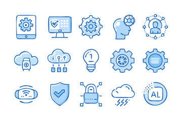 Poster - Collection of blue technology and artificial intelligence icons on a black background representing innovation and digital transformation