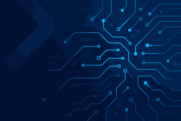 Fototapete - Abstract digital technology background with glowing blue circuit board pattern. Futuristic hi-tech communication concept with network lines and nodes. Vector data flow illustration.