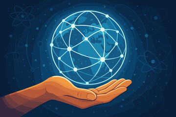 Poster - Hand holding a glowing Earth globe with a network connection. Global technology and science concept for future innovation, communication, data, and research. Vector cartoon illustration.