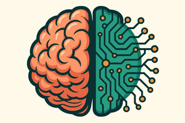 Poster - Human Brain and Circuit Board Fusion. Artificial Intelligence Concept. Neural Network Technology. Machine Learning. Mind and Computer Integration. Vector Illustration. Digital Innovation Symbol