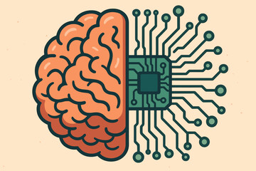 Poster - Artificial Intelligence Brain and Circuit Board Fusion Concept. Human Mind and Technology Integration. AI Neural Network, Digital Intelligence, Machine Learning, Innovation. Vector Illustration