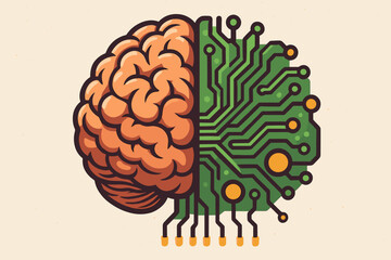 Poster - Human Brain and Circuit Board Fusion Concept. Artificial Intelligence Technology. Digital Mind Merge. Neural Network, Machine Learning, Cybernetic Brain, Tech Innovation. Vector Illustration