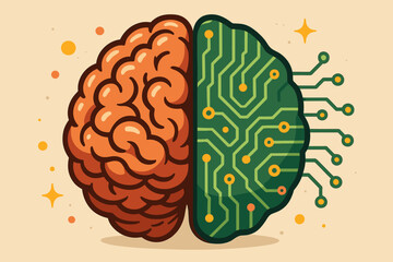 Poster - Artificial Intelligence Brain Technology Concept. Human Brain Merged with Circuit Board. Digital Innovation, Machine Learning, Neural Network, Mind and Computer Fusion. Vector Illustration