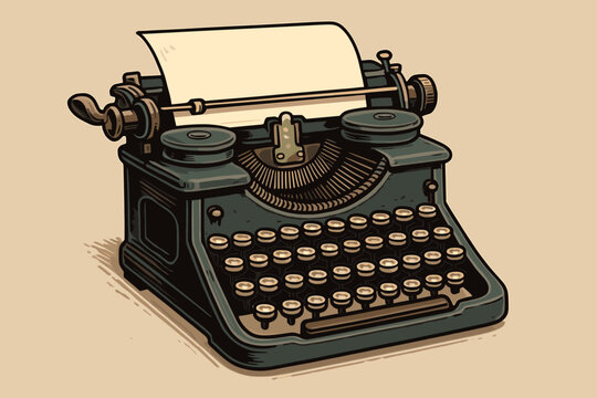 Vintage typewriter illustration. Antique retro writing machine with classic round keys, mechanical keyboard, nostalgia, journalism, literature, office equipment, vector cartoon drawing, no text