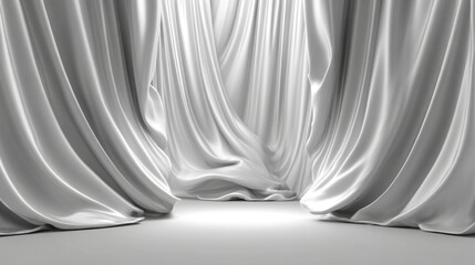 Poster - Delicate white curtains cascade gracefully in an indoor setting, creating a calming atmosphere. The lighting softly highlights the folds and textures, inviting serenity.