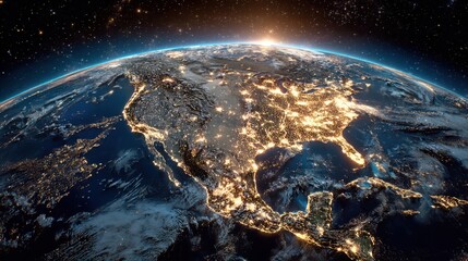 Wall Mural - A stunning view captures North America glowing with city lights at night from the vantage point of space. The Earth appears vibrant with the sun rising over the horizon.