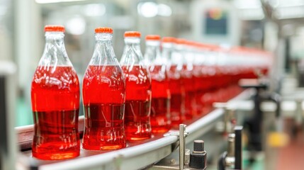 Poster - Row of glass bottles filled with vibrant red liquid travel along a conveyor belt in a busy factory. Workers manage the production process efficiently in a well-lit environment.