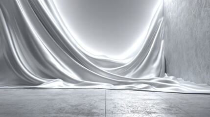Poster - A spacious interior showcases a large, flowing white fabric draped elegantly against a textured wall. Soft lighting creates a serene atmosphere in this minimalist design.