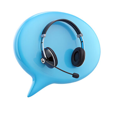 3d illustration of a blue speech bubble with a black and silver headset and microphone isolated on transparent background