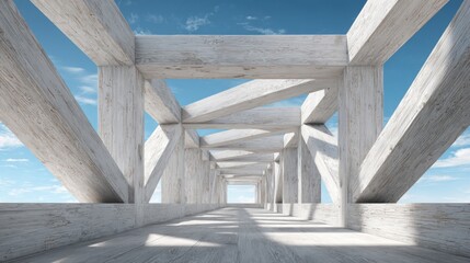 Poster - A spacious passage features elegantly arranged wooden beams creating a stunning geometric pattern. The bright blue sky overhead enhances the striking design and open feel of the area.