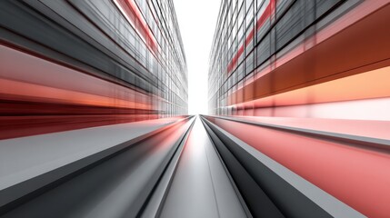 Poster - A vibrant and abstract view of towering glass buildings creating an impression of movement and speed, showcasing modern urban design in a bustling city during daylight.