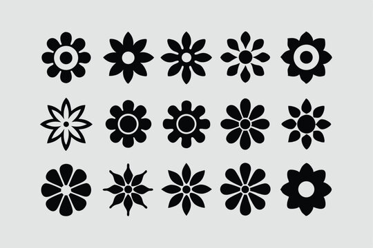 Groovy daisy flowers set. Flat black icons. Simple flower silhouette. Retro vintage style, hand drawn decorative elements.
