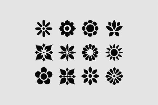 Groovy daisy flowers set. Flat black icons. Simple flower silhouette. Retro vintage style, hand drawn decorative elements.