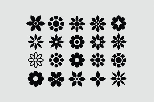 Groovy daisy flowers set. Flat black icons. Simple flower silhouette. Retro vintage style, hand drawn decorative elements.