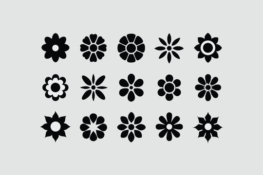 Groovy daisy flowers set. Flat black icons. Simple flower silhouette. Retro vintage style, hand drawn decorative elements.