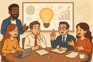 Poster - Business Team Brainstorming Creative Solutions, Collaborating on Innovation, Analyzing Graphs, Generating Ideas, Discussing Strategy in Office Meeting. Vector Cartoon Illustration