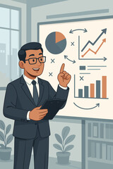 Poster - Business executive presenting marketing strategy with data analysis, growth charts, statistical graphs, market trends, financial planning, vector office illustration, professional meeting concept